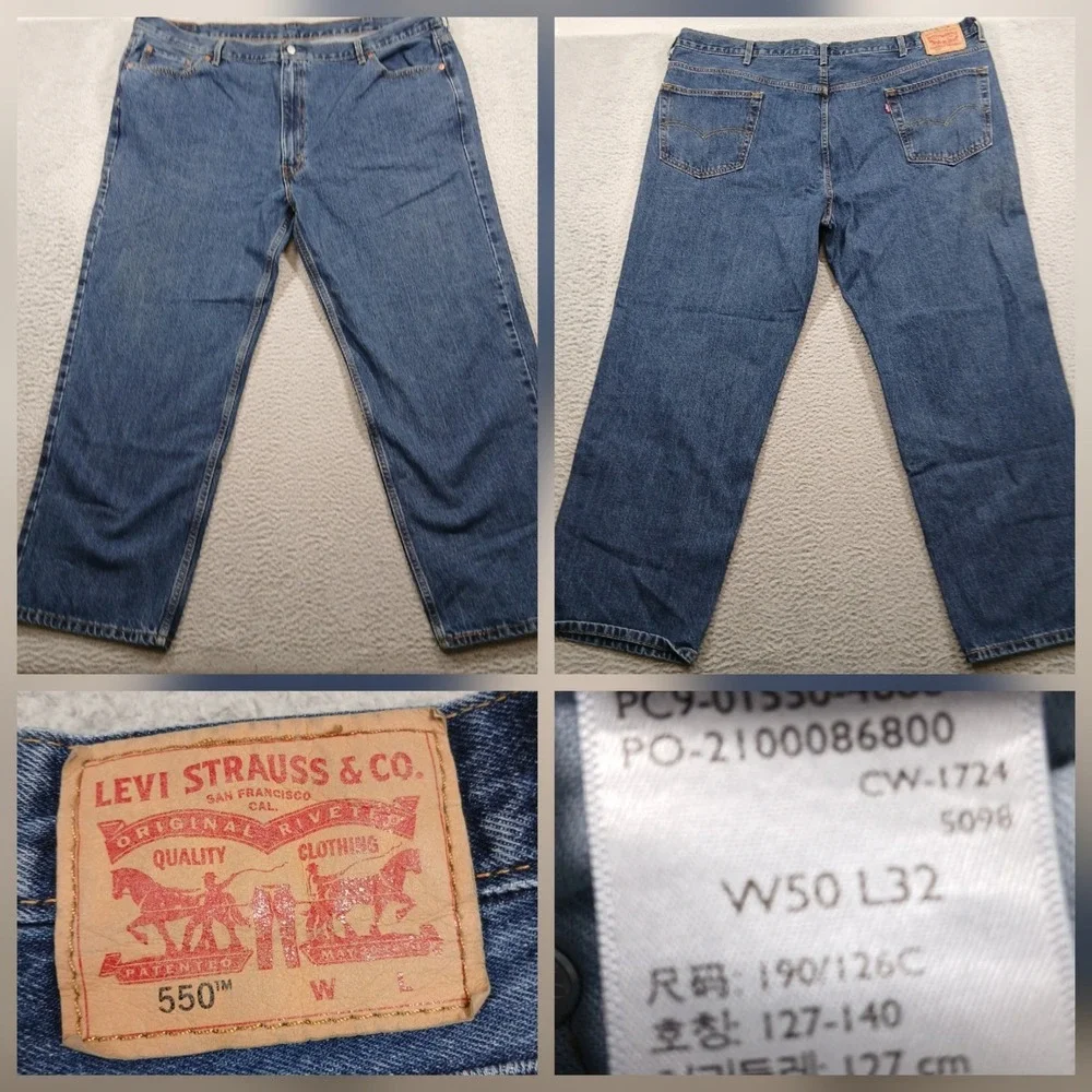 Levi's 550 Relaxed Fit Tapered Leg Jeans‎ Mens 50x32 Dark Wash Blue Denim EUC